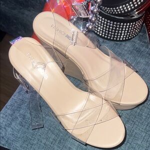 Fashion Nova Nude and Clear Wedge Sandals